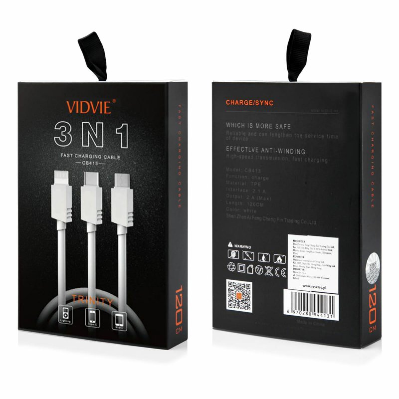CB413 VIDVIE 1.2 Meter 2 Amp 3 in 1 (Type C , Micro , 8 Pin)