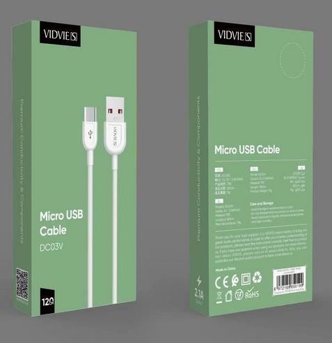 DC03V VIDVIE Mirco USB 1.2 Meter 2.1 Amp Fast Charge